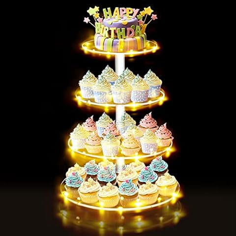 TreeGun Cupcake Stand with LED Light, 4 Tier Acrylic Cake Stand for 38 Cupcakes, Afternoon Tea Stands 3mm Thick - 15cm/19cm/23cm/26cm in Diameter, Cupcake Display Stand for Wedding/Birthday/Party Cover