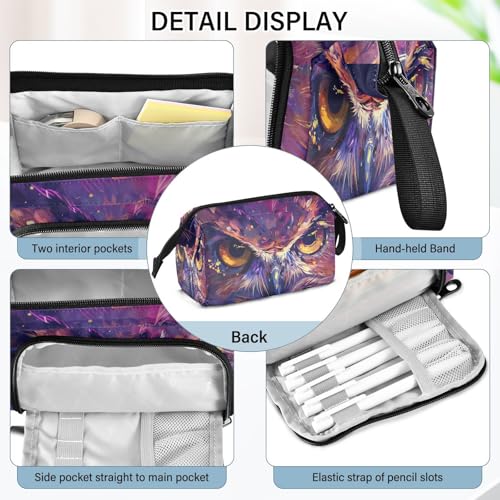 Image of Cool Owl Large Capacity Pencil Case Pen Bag Pencil Pouch, Kids Printed Pencil Case with Handle Canvas Zipper Pen Pouch for School Office College Ideal Start Graduation Gifts