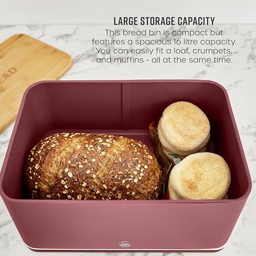 Swan Nordic SWKA18523FUS Bread Bin with Iron Body, Non-Slip Base, Stylish Soft Touch Matt Finish and Acacia Wood Pull Up Lid, 16L, Fuchsia Rose - Cosy Home Interiors Swan Nordic SWKA18523FUS Bread Bin with Iron Body, Non-Slip Base, Stylish Soft Touch Matt Finish and Acacia Wood Pull Up Lid, 16L, Fuchsia Rose - Image 3