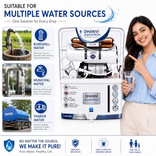 Image of DHANVI Aqua Fresh RO UV UF Copper Water Purifier | 12L Storage | TDS Adjuster | Inside Tank Technology | Home Kitchen Water Filter System