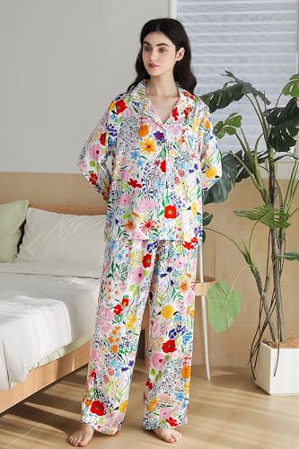 Image of YiNi LuLu Womens Silk Satin Pajamas Set Button Down 2 Piece Pjs Long Sleeve Oversized Sleepwear with Pockets