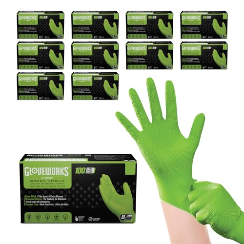 Image of GLOVEWORKS Green Nitrile Gloves 8 Mil Heavy Duty Texture Large, 1000 | Mechanic and Cleaning Gloves, Suitable for Heavy Duty Industrial Use, Chemical Resistant, HIgh-Visibility Color, Bulk Options