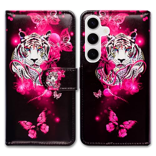 Bcov Case for Galaxy S25 FE,White Tiger Butterfly Leather Flip Phone Case Wallet Cover with Card Slot Holder Kickstand Case for Samsung Galaxy S25 FE