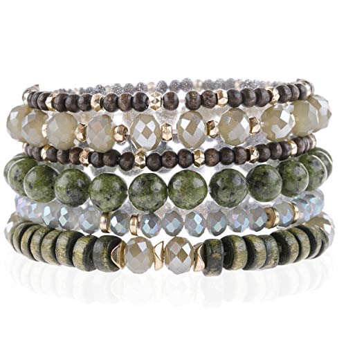 RIAH FASHION Bohemian Beaded Multi Layer Versatile Statement Bracelets - Natural Stone Wood Mix Stackable Stretch Strand Bangles