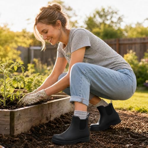Image of planone Women's Fashion Waterproof Short Chelsea Rain Boots Durable Non Slip Ankle Rubber Boots Work Booties Lightweight Outdoor Garden Shoes with Removable Insole