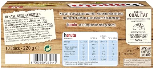 Hanuta Haselnuss-Schnitten – knusprige Waffeln mit zarter Haselnusscreme – beliebter Snack für zwischendurch, zum Teilenund Genießen – nussig und schokoladig – 1 Großpackung, 10 Stück (220 g)