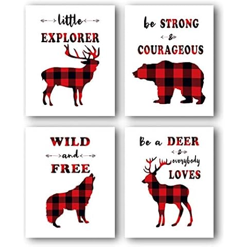 Buffalo Plaid Decor, Animals Wall Art Prints, Buffalo Plaid Wall Art, Inspirational Quote Canvas Poster, Children Wall Decor, Boy Bedroom Decor (Set of 4) - 8"x10" No Frame… Cover