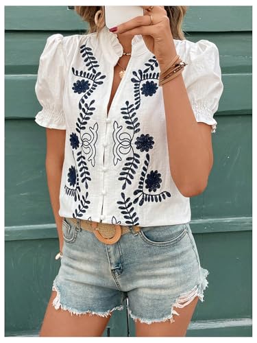 SweatyRocks Women's Puff Sleeve Floral Blouse Embroidered V Neck Button Down Shirt Vacation Top3