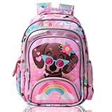 16 Inch Kids Backpacks, Cute Dog Backpack for Girls Kawaii Light Pink Backpack for Preschool Kindergarten Elementary Large Capacity