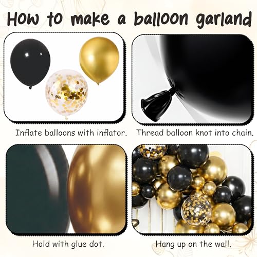 Image of Elegant Black & Golden Balloon Arch with Star Foil & Confetti Balloons, 28 Pcs, Perfect for Birthday and Graduation Party
