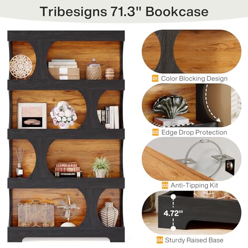Image of Tribesigns 71 inch Tall Bookcase Set of 2, 4-Tier S-Shaped Bookshelf, Wood Decorative Storage Shelving, Modern Freestanding Display Shelves, Large Library Bookshelf Unit for Home Office, Black & Brown