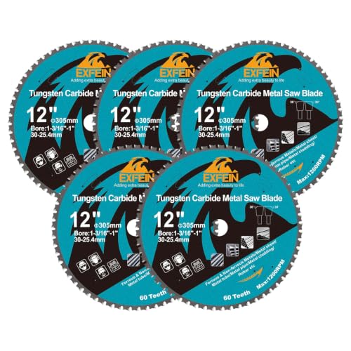 12 Inch 60T Metal Circular Saw Blade - 5-Pack EXFEIN Tungsten Carbide Tipped Saw Blade Arbor 1-3/16" for Metal Sheet or Pipe, Angle Iron, Rebar, Ferrous Metals, Non-Ferrous Metals
