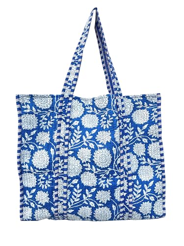 Image of Quilted Cotton Handprinted Reversible Large multicolor Floral Tote Bag,Hand Block Print Shopping Shoulder Carry Bag