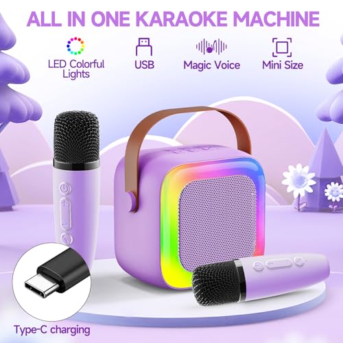 Image of Mini Karaoke Machine for Kids Teen Adults, Kids Karaoke Machine with 2 Wireless Microphones and LED Lights Toys for Party, Home, Gifts for 4 5 6 7 8 9 10 11 12+ Years Girls Boys(Purple)