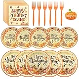 96 Pcs Happy Thanksgiving Plates and Napkins - Watercolor Turkey Pumpkin Maple Pattern Tableware Set, Disposable Paper Plates and Napkins Forks for Thanksgiving Party Decorations Supplies, Serves 24