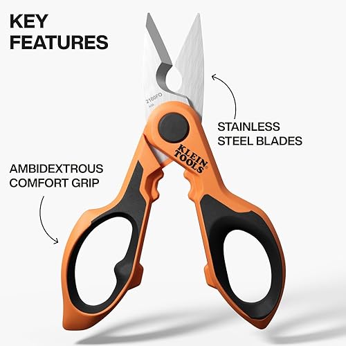 Miniatura 2 de Klein Tools 2100FO Tijeras de electricista de acero inoxidable con hoja dentada y pelacables, tijeras compactas para corte de cables y alambres, 6