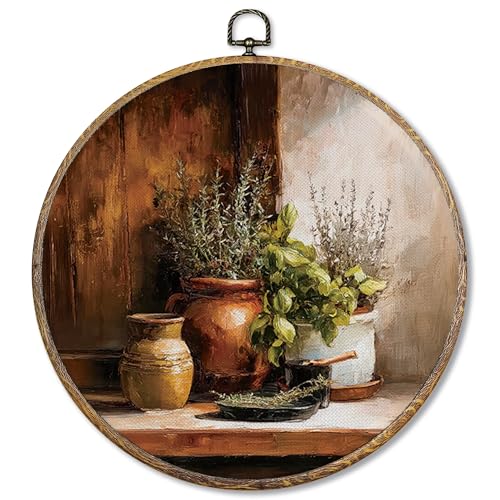 Sufamb Vintage Moody Kitchen Round Wall Art Decor, Farmhouse Cottage Herbs Botanical Canvas Artwork Framed, Rustic Wall Hanging Prints Decorations for Kitchen Dining Room Decor, 10x10 Inches