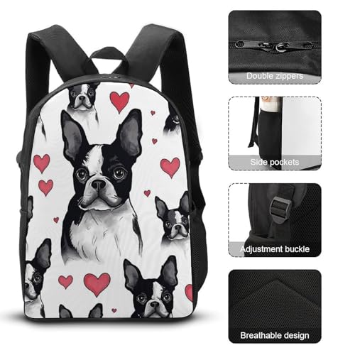 Printed Backpack With Lunch Pack Storage Box Case Boston Terrier Heart Dog 3pcs Lightweight Travel Backpack3