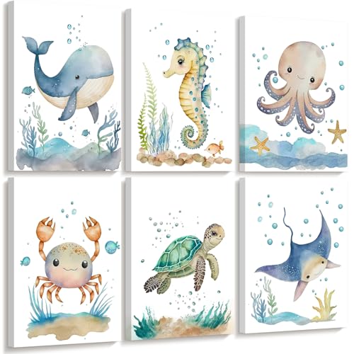 Image of Nursery Sea Animal Wall Decor Set of 6 Ocean Watercolor Canvas Wall Art Baby Boys Room Wall Art Ocean Sea Animal Pictures Kids Girl Art Prints Nursery Artwork for Bedroom 8x10 Inch Framed