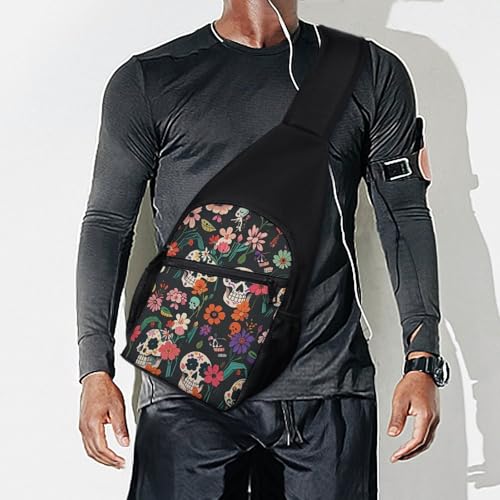 Mochila tipo sling con diseño calavera floral para senderismo miniatura 7
