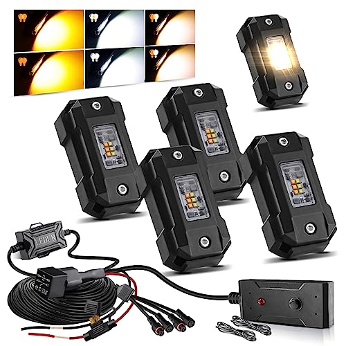 Ledur R4 Led Rock Lights Kit 4Pods White Amber Strobe 6 Mode Memory Function Reset Function With Wire Harness For Truck Utv Atv Tj Rzr Offroad Boat Under Body Neon Underglow Flash Lights Waterproof #TOP25