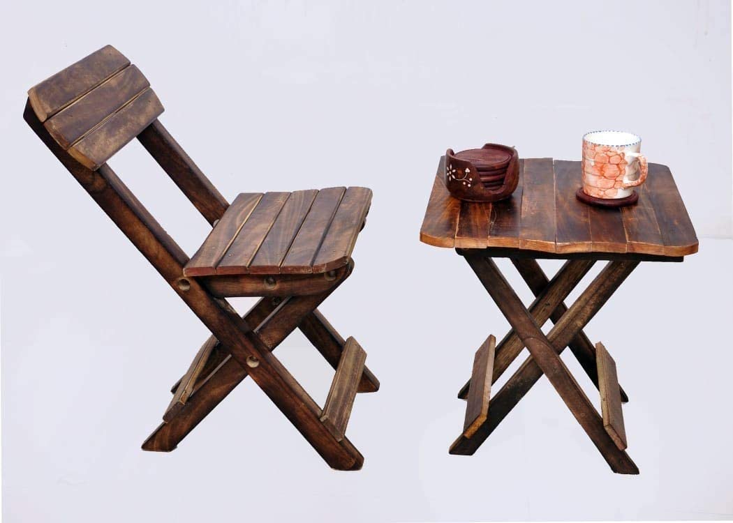 MarkOn Wooden Square Folding Chair & Table Set for Kids for Living Room Small Chairs and Table Home Decor | Kids Study Table Set | 1 Chair 1 Stool Set for Children (Brown)-image-27