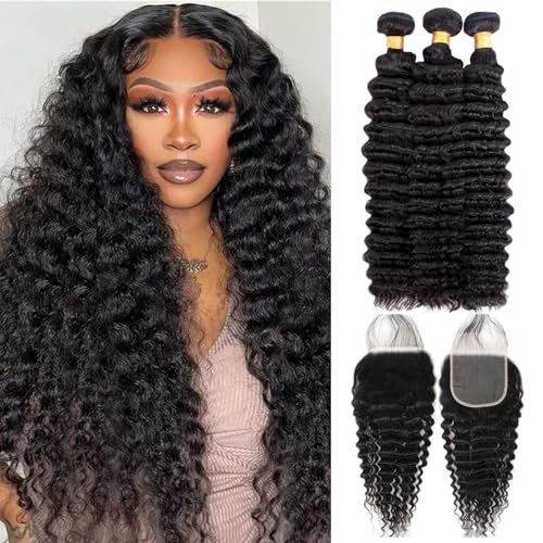 18A Deep Wave Bundles Human Hair with 5x5 HD Lace Closure (18 20 22 +18) 100% Unprocessed Brazilian Virgin Remy Hair Deep Curly Human Hair Bundles with Closure Natural Color