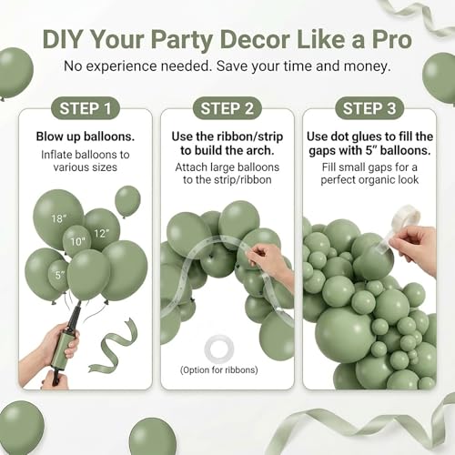Image of 114pcs Sage Green Balloons Different Sizes, 18 12 10 5 inch Matte Olive Green Balloons Garland Arch kit for Woodland Baby Shower Jungle Birthday Boho Wedding Decor