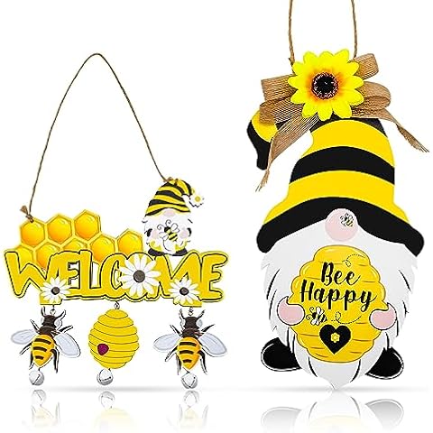 Lianxuia 2 Pcs Bee Welcome Sign, Wooden Sunflower Gnome Door Sign, Bee Happy Hanging Decor, Suitable for Outdoor Front Door, Bedroom Wall Porch Decor Cover