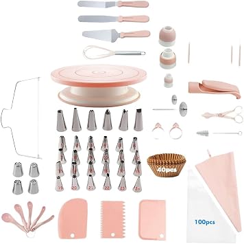 207 Piece Baking Tool Set with Tips Spatula Turntable Pink