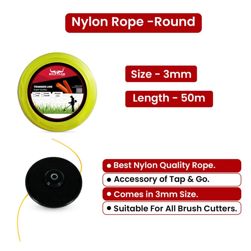 Image of Balwaan Krishi Trimmer Line /Nylon Rope Bundle for Brush Cutter (50m, 3mm Round) / Grass Cutter /Weeder /Trimmer /Tap n Go|NRR-350 (Yellow)