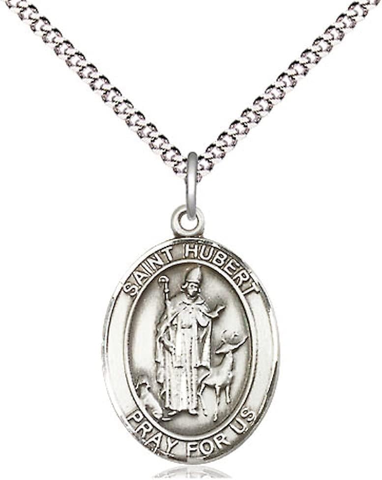CatholicStore St. Hubert of Liege Medal in Fine Pewter, 3/4" Tall on a 18" Light Rhodium Clasp Chain