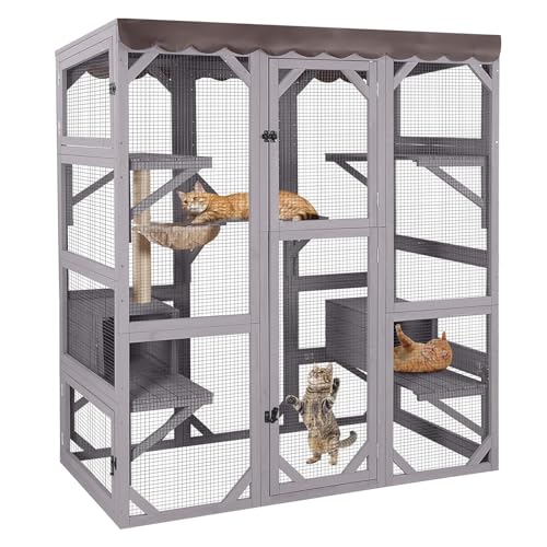 Image of Aivituvin Cat House Window Outdoor Catio Cat Enclosures with 7 Platforms, 2 Resting Boxes Large Kitty House with Weatherproof Tarp Roof, 62.6 inch L x 32.6 inch W x 70.1 inch H Grey