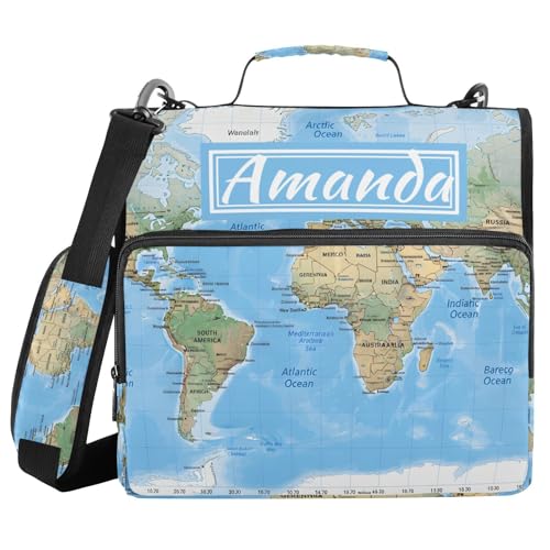 Image of Custom 3 Ring Zipper Binder World Map Blaue Personalized Name 1.5 inch Binders Large Capacity Multi Pockets for School Office Supplies