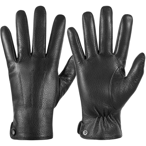 QOF Winter Genuine Leather Gloves for Men, Cashmere Warm Lined Finger Touchscreen Texting Driving Gloves
