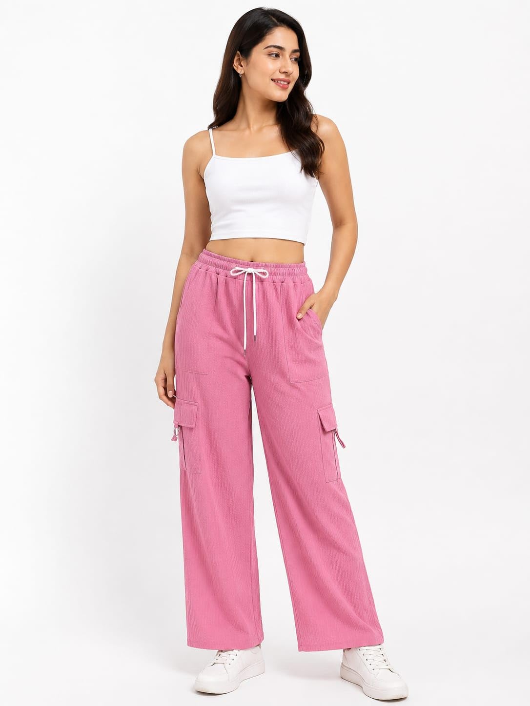 FD Women's Pink Cargo Jogger Pant, Cotton, High Waist Drawstring, Relaxed Fit, Casual & Streetwear-image-39