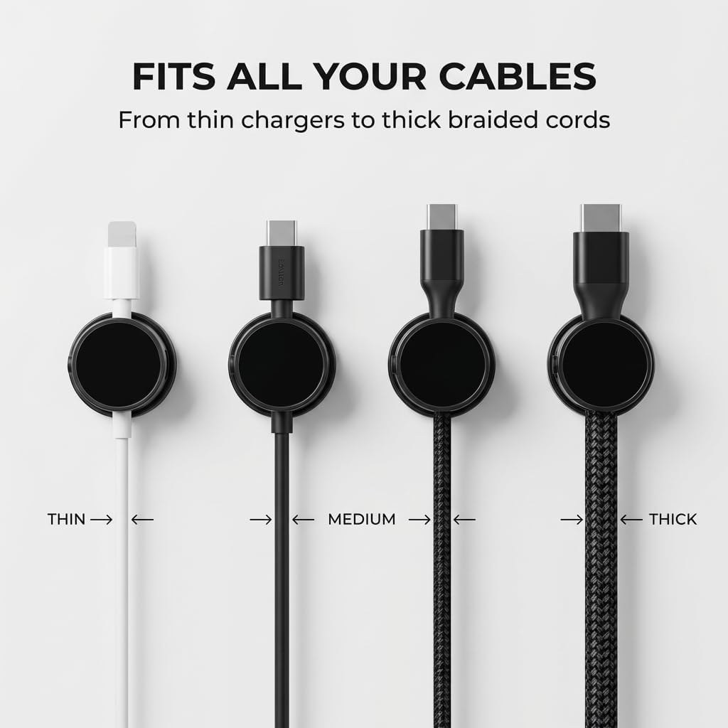 Cable Management Magnetic Cord Holder, 6 Pack 360° Rotating Cable Clips with Strong Adhesive, 2026 Upgraded Easy Open Wire Organizer for Desk, Nightstand, Car, Home Office (B+W)