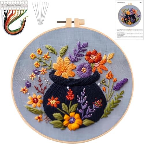 Image of YOUDRN Halloween Embroidery Kit,Halloween Cross Stitch Kit,DIY Embroidery Kits for Adults,Embroidery Kit for Beginners with Pattern,Cotton Threads,Needles,Instruction,20cm Hoop (Flower Pot)