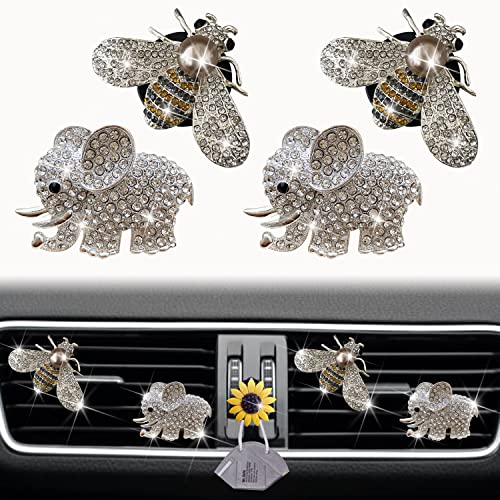 Bling Bee & Elephant Air Vent Clips, 4 Pcs Bee Car Air Fresheners Vents Clips Car Diffuser Diamond Funny Car Interior Decor Cute Car Accessories Car Decoration for Women +Sunflower Mask Hook
