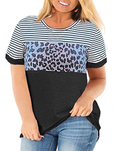 ROSRISS Womens Plus Size Tops Short Sleeve Casual Leopard Striped Blouses Shirts (Dark Grey, 20W)