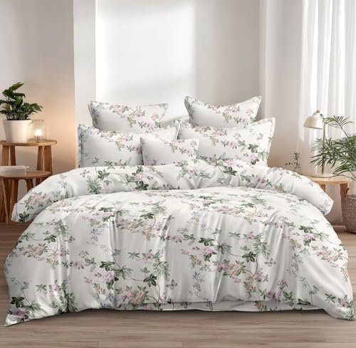 Image of DECOR2ADMIRE 300TC Premium Glace Cotton Printed Super King Size Double Bedsheet with Two Pillow Covers, 108 * 108 Inches or 9ft by 9ft or 275 cm x 275 cm (White Pastel Garden)