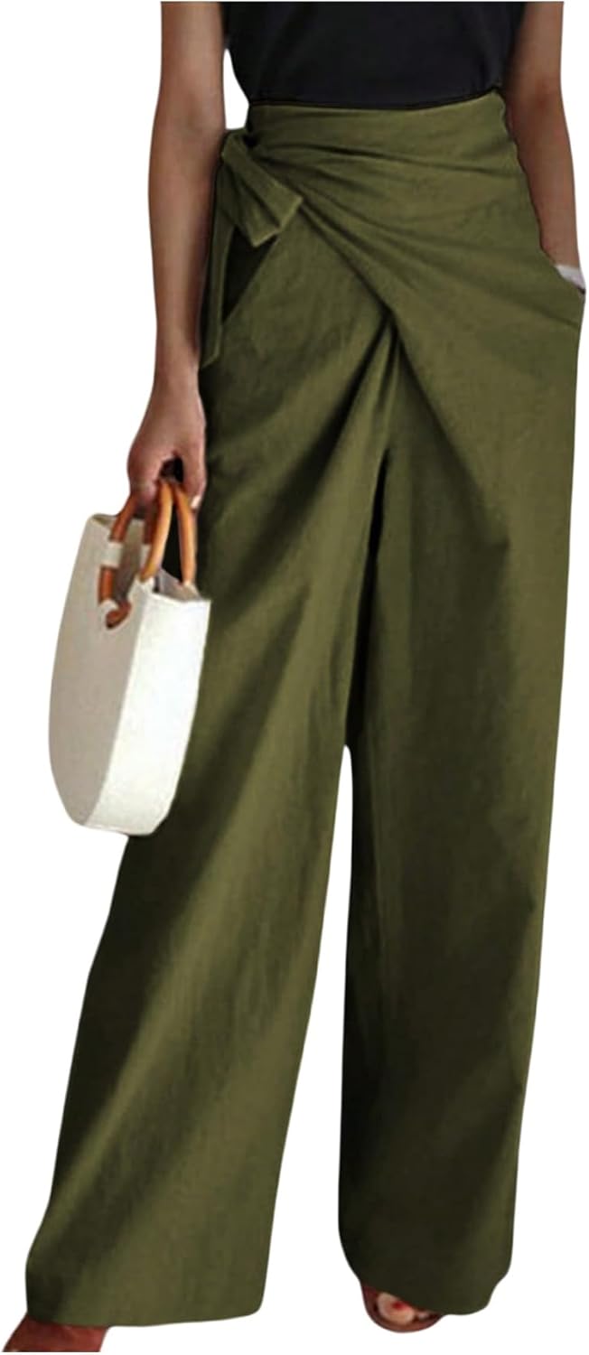 MakeMeChic Women's Fall Pants Wrap Tie Side Ruched Straight Leg Elegant Trousers