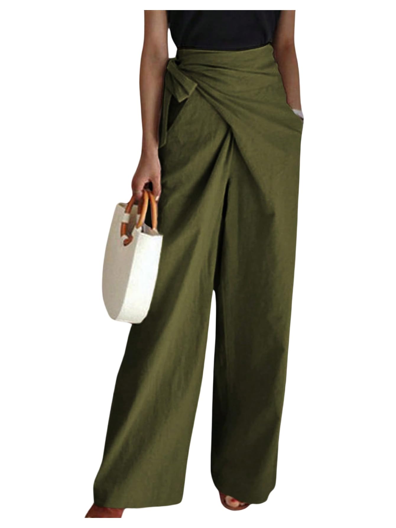 MakeMeChic Womens Fall Pants Wrap Tie Side Ruched Straight Leg Elegant Trousers