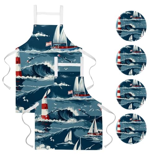 Tabliers de cuisine homme femme bleu marine ajustable avec 2 poches