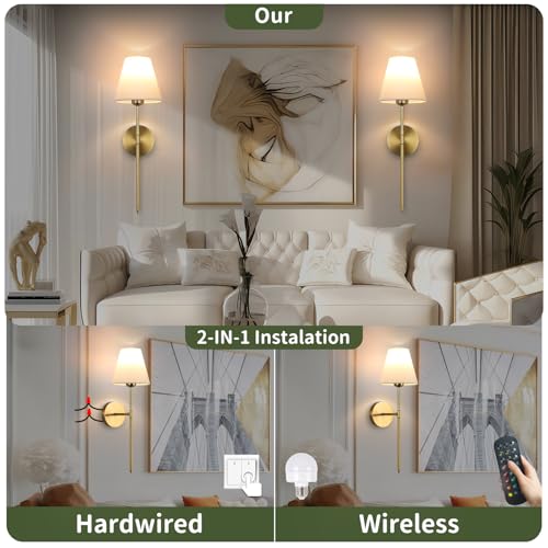 Image of Battery Operated Wall Sconce Set of 2, 15 Colors Wireless Wall Light With Dimmable Remote Control Last 18-50 Hours, Gold Rechargeable Wall Lamp With White Fabric Shade For Living Room Bedroom Hallway