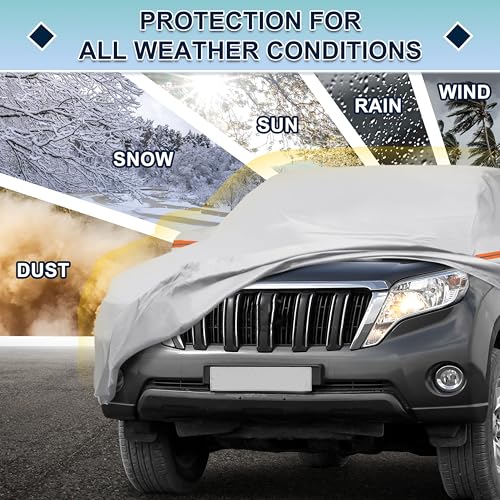 Image of Silver Tone Heavy Duty Waterproof Car Cover for SUV 191 inch-199 inch - All-Weather UV Protected Outdoor Full Exterior Cover with Sun /Snow /Rain Resistance