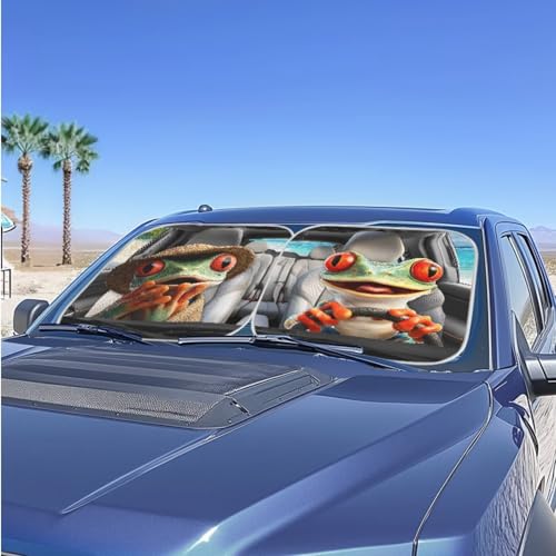Image of Car Front Windshield Sun Shade Cute Frog 2-Piece Foldable Car Windshield Sun Shade UV Rays and Keeps Vehicle Cool Easy to Install for Most Sedan Truck SUV