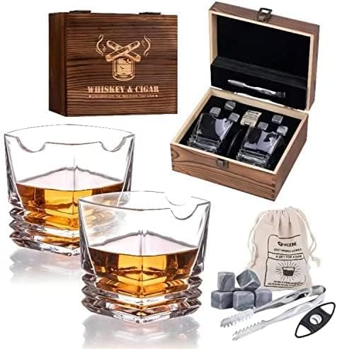 Whiskey Glasses Gift Set, Old Fashioned Crystal Square Whiskey Glass, Whiskey Stone, Tongs, Burlap Bag, Premium Rocks Glass, for Brandy, Vodka, Bourbon, Valentines Day Gifts for him