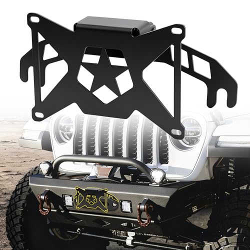 Flip-Up Front License Plate Mount for 10 Hawse Fairlead Heavy-Duty Winch Plate Bracket Compatible with Jeep Wrangler Pickup Trucks Suvs & Off-Road VehiclesNot Fit with Roller and 2024+ Wrangler