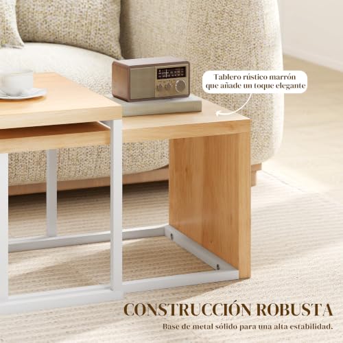 Miniatura 5 de Homcom Juego De 2 Mesas De Centro, Mesa Nido Moderna, Mesitas Auxiliares, Marco De Metal, Para Salón, Dormitorio, Grande 90x48x42 Cm Y Pequeña 59x42x36 Cm, Natural Y Blanco
